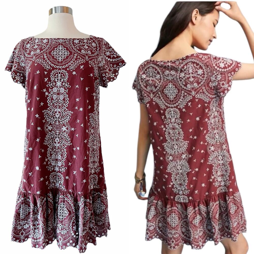 ANTHROPOLOGIE FEATHER BONE Ynez Maroon Dress Flounced Embroidered Eyelet Blue